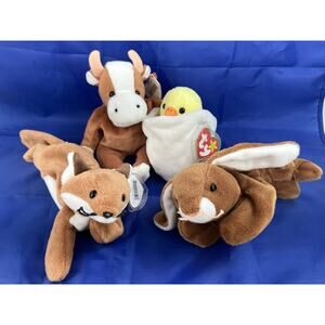 Ty Beanie Babies Bundle (4pcs) Bessie, Sly, Eggbert, And Ears